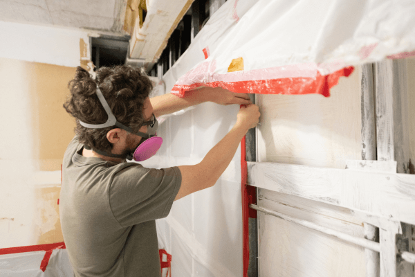 Man Wearing Respirator Inspects Home Construction Site after Mold Remediation