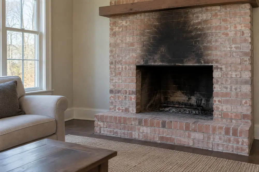 Black soot stains brick above a cold fireplace in a furnished living room
