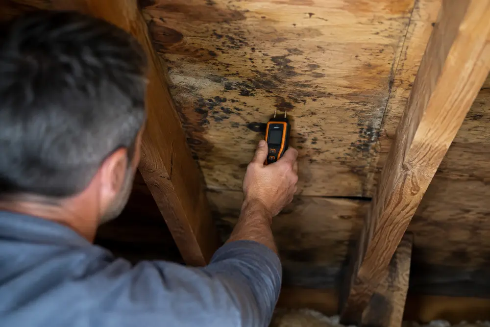 Estimator presses a pin moisture meter against stained wooden attic roof decking.