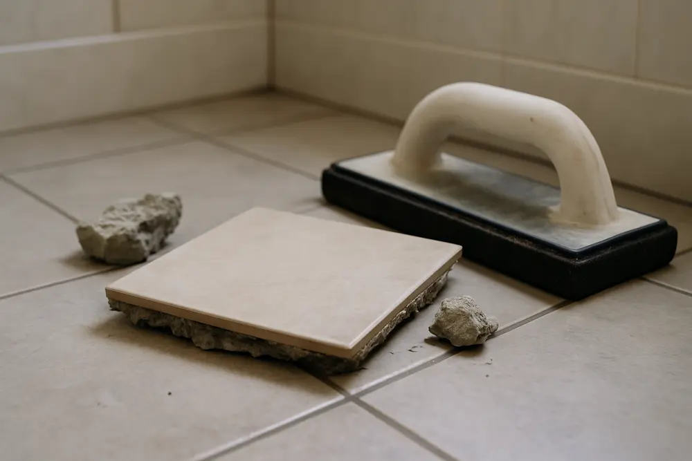 A loose ceramic tile, some mortar chunks, and a grout float on a bathroom floor
